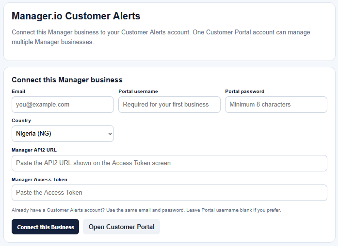 Example of the Manager.io Customer Alerts business connection screen
